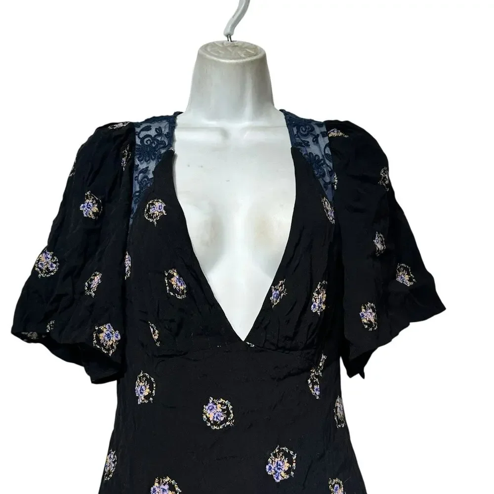 Free People Mockingbird Floral Print Black Embroidered Mini Tunic Dress Size 4